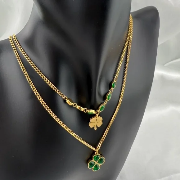 Anthropologie Stainless Steel Gold and Green Clover Necklace Set - Picture 1 of 6